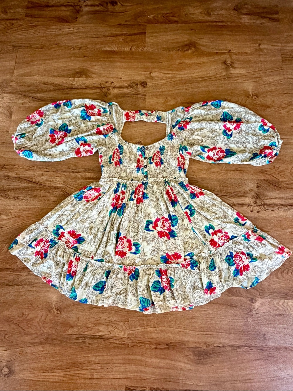 Free People Button Up Smocked Cream Mini Dress with Red & Teal Floral Print
